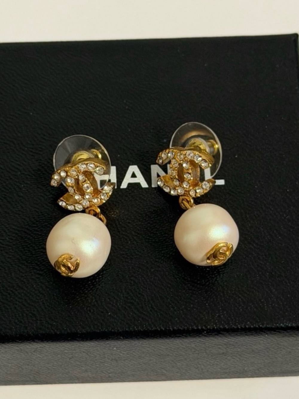 Chanel vintage gold cc crystal and ivory pearl drop earrings
